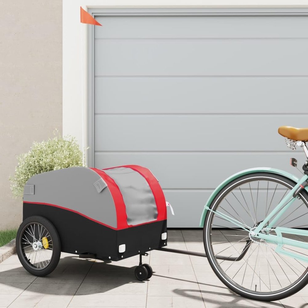 loibinfen Bike Wagon Trailer, Bike Cart with Safety Flag, Bike Trailer Bicycle Cargo Trailer, Black and Red 99.2 lb Iron, 24.8"x49.6"x24.8"