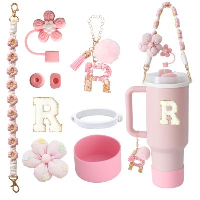 1ze1ziyo 9PCS Cup Accessories Set for Stanley Cup 30oz 40oz Tumbler - Including Water Bottle Handle Strap,Straw Cover Cap,Spill Proof Stoppers,Boot,Initials Letter Charm,Sticker,Flower,Letter R,Pink