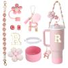 1ze1ziyo 9PCS Cup Accessories Set for Stanley Cup 30oz 40oz Tumbler - Including Water Bottle Handle Strap,Straw Cover Cap,Spill Proof Stoppers,Boot,Initials Letter Charm,Sticker,Flower,Letter R,Pink