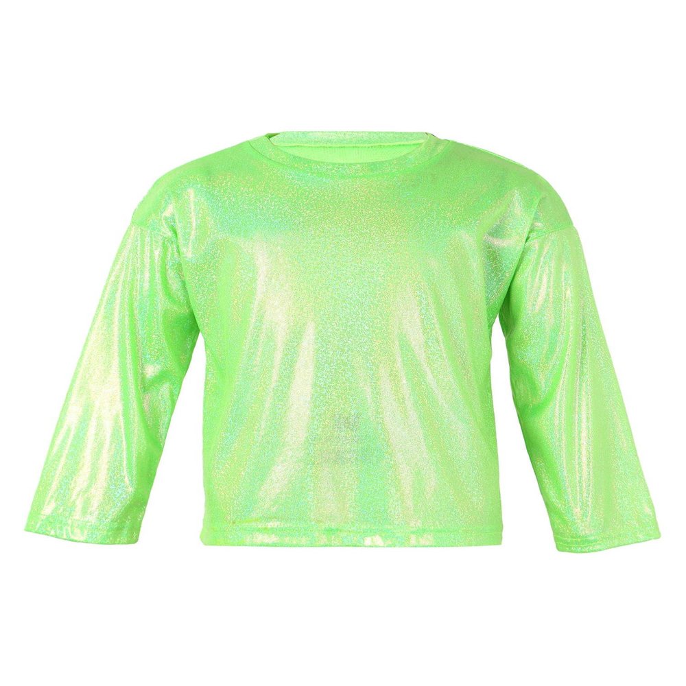 Hularka Kids Girls Boys Shiny Metallic Long Sleeve Jazz Hip Hop Dance Crop Top Gymnastic Sports Shirt for Performance Party Green 12-14 Years