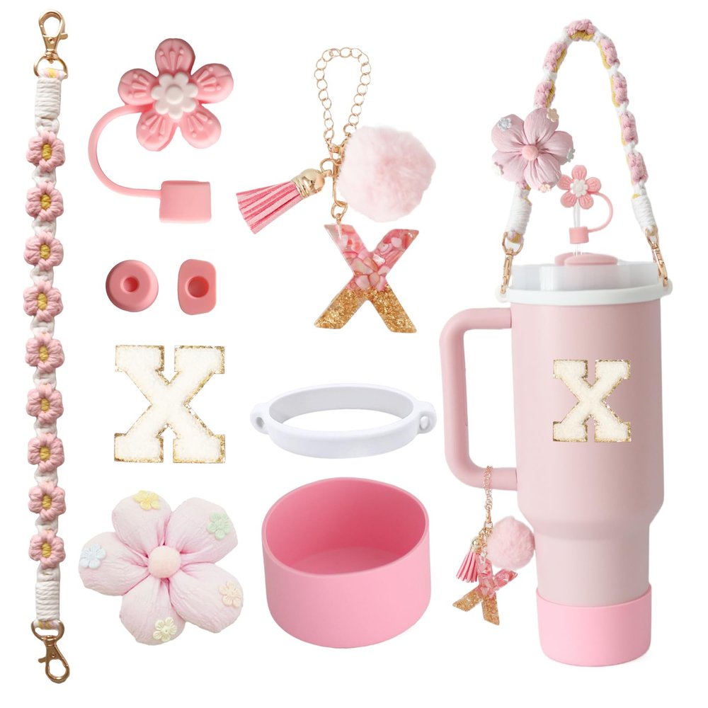 1ze1ziyo 9PCS Cup Accessories Set for Stanley Cup 30oz 40oz Tumbler - Including Water Bottle Handle Strap,Straw Cover Cap,Spill Proof Stoppers,Boot,Initials Letter Charm,Sticker,Flower,Letter X,Pink