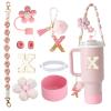 1ze1ziyo 9PCS Cup Accessories Set for Stanley Cup 30oz 40oz Tumbler - Including Water Bottle Handle Strap,Straw Cover Cap,Spill Proof Stoppers,Boot,Initials Letter Charm,Sticker,Flower,Letter X,Pink view 1