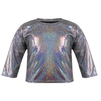 Hularka Kids Girls Boys Shiny Metallic Long Sleeve Jazz Hip Hop Dance Crop Top Gymnastic Sports Shirt for Performance Party Black 9-11 Years