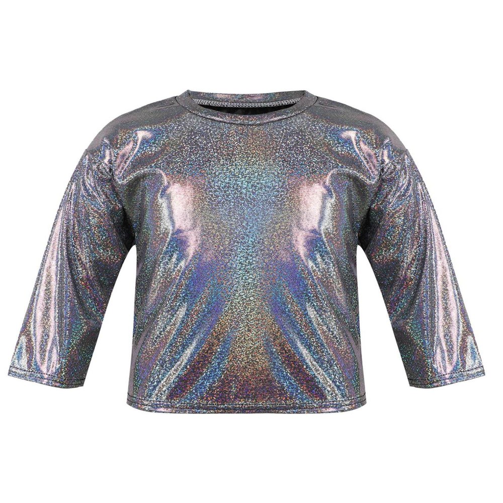 Hularka Kids Girls Boys Shiny Metallic Long Sleeve Jazz Hip Hop Dance Crop Top Gymnastic Sports Shirt for Performance Party Black 9-11 Years