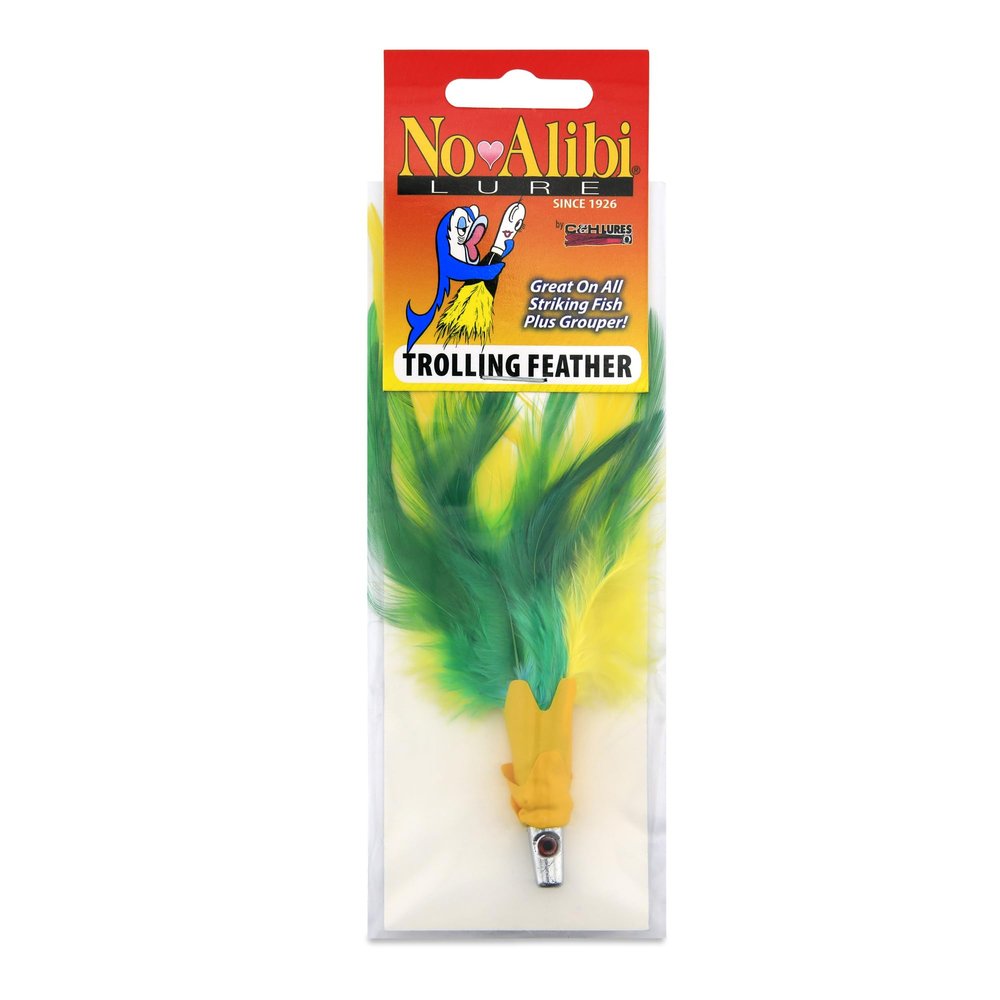 No Alibi Trolling Feather Lure, Yellow/Green Skirt, 1/4 oz Head
