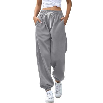 JOFOW Women's Health Sports Pants Baggy Wide Fleece Lined Leg Pants Cute Sweatpants Joggers for Women 2024 (D-Grey,Medium)