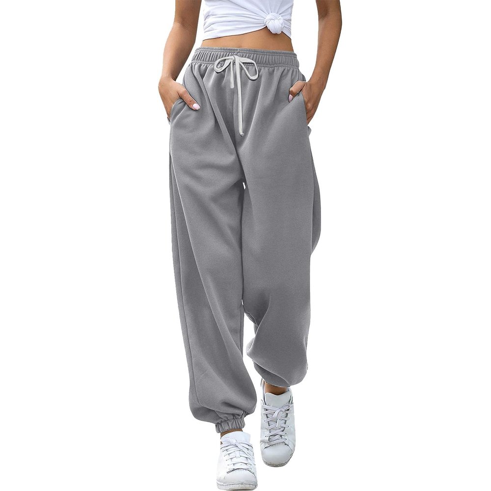 JOFOW Women's Health Sports Pants Baggy Wide Fleece Lined Leg Pants Cute Sweatpants Joggers for Women 2024 (D-Grey,Medium)