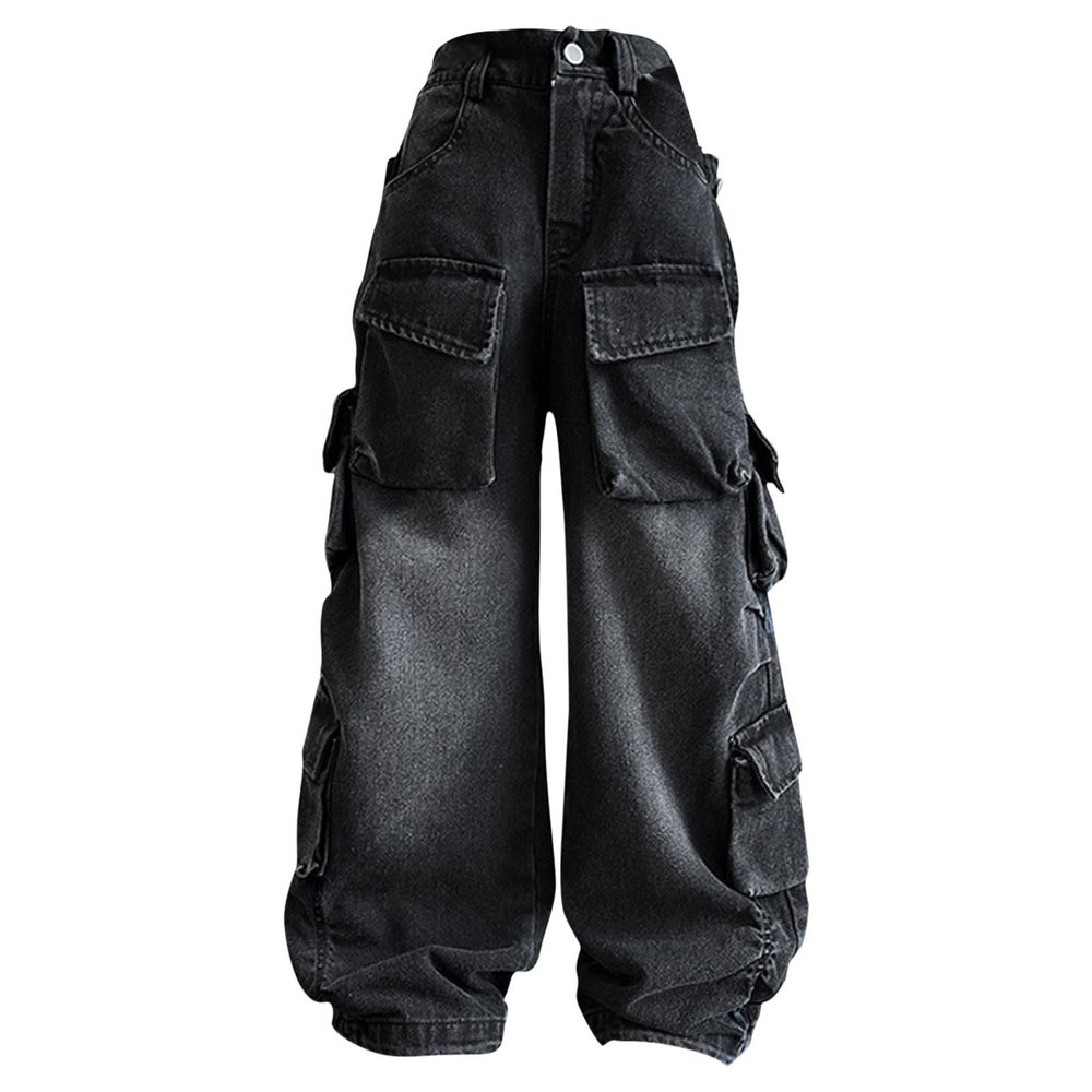 Girls Jeans Denim Elastic Wasit Wide Leg Baggy Pants Flap Pocket Side Denim Cargo Pants Kids (Black, 11-12 Years)