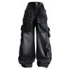 Girls Jeans Denim Elastic Wasit Wide Leg Baggy Pants Flap Pocket Side Denim Cargo Pants Kids (Black, 11-12 Years) view 1