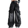 Girls Jeans Denim Elastic Wasit Wide Leg Baggy Pants Flap Pocket Side Denim Cargo Pants Kids (Black, 11-12 Years) view 3