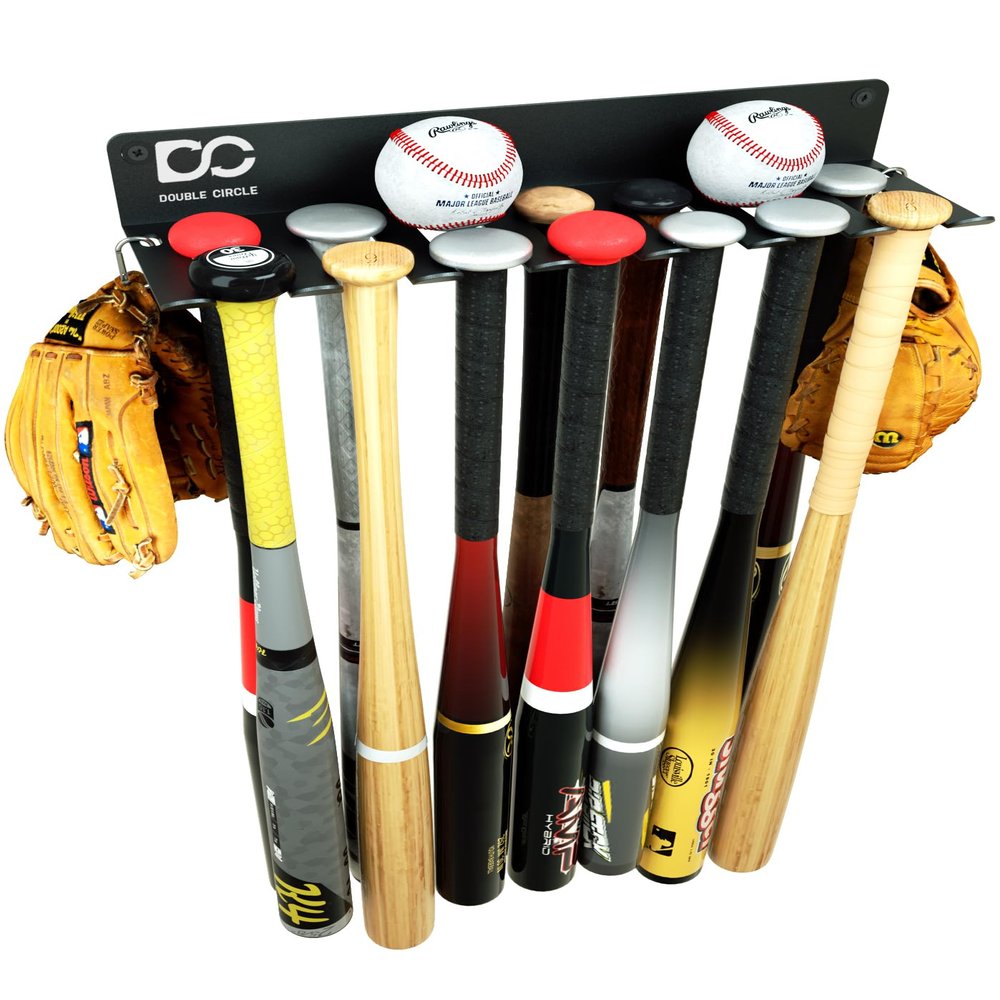 Double Circle Baseball Bat Holder For Wall - Bat Rack Wall Mount - Holds 14 Bats - Heavy Duty Metal Storage Organizer With Hardware Kit