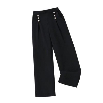 Girls Dress Pants Wide Leg Pants Lightweight Casual Elastic High Waist Straight Leg Loose Trousers (Black, 9-10 Years)