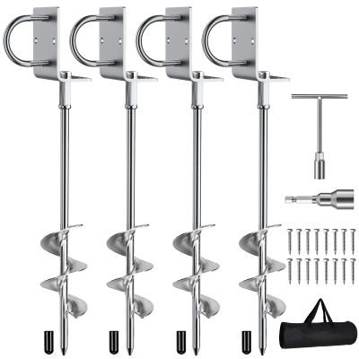 Phopich Multi-Purpose Ground Anchors Screw in, Fully Welded Heavy Duty Trampoline Stakes with Brackets, T-Wrench and Adapter for Drill, Earth Anchor kit for Mobile Home, Trampoline, Shed 4Pack