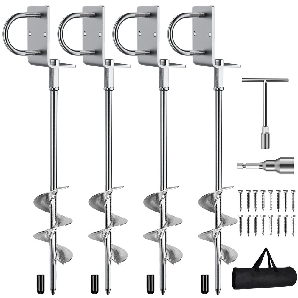 Phopich Multi-Purpose Ground Anchors Screw in, Fully Welded Heavy Duty Trampoline Stakes with Brackets, T-Wrench and Adapter for Drill, Earth Anchor kit for Mobile Home, Trampoline, Shed 4Pack