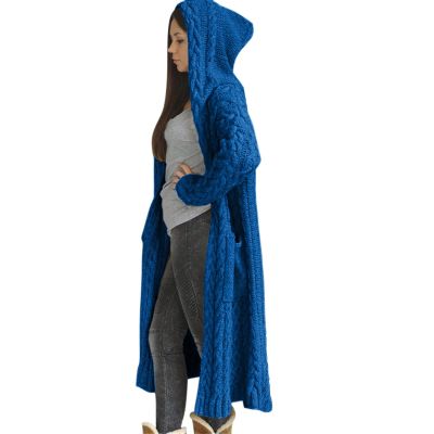 Womens Cardigan Sweaters Hooded Open Front Cardigan Cable Knit Sweaters Solid Color Chunky Long Sweater Coats Blue