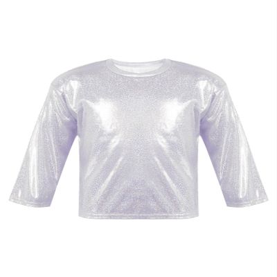 Hularka Kids Girls Boys Shiny Metallic Long Sleeve Jazz Hip Hop Dance Crop Top Gymnastic Sports Shirt for Performance Party Silver 7-8 Years
