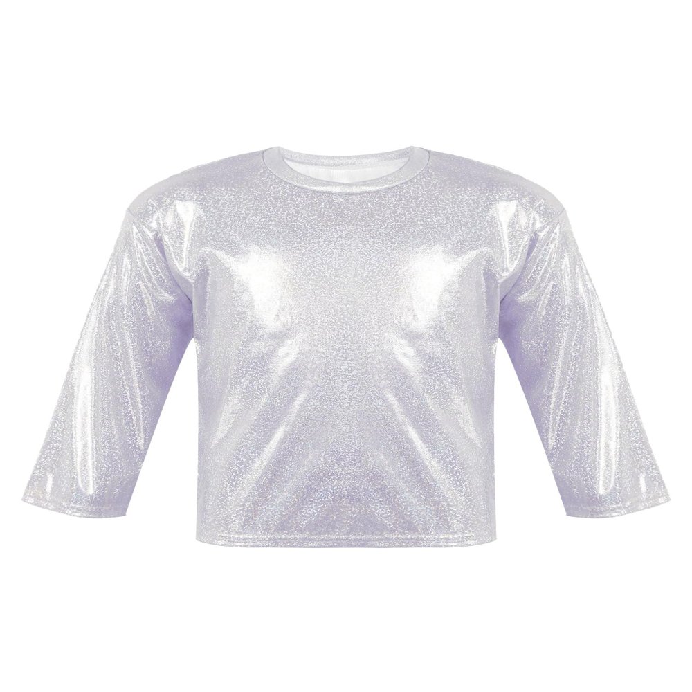 Hularka Kids Girls Boys Shiny Metallic Long Sleeve Jazz Hip Hop Dance Crop Top Gymnastic Sports Shirt for Performance Party Silver 7-8 Years
