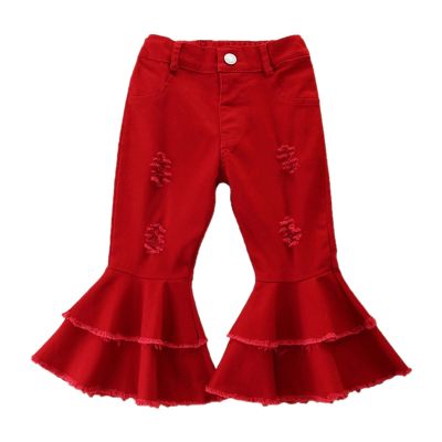 Toddler Baby Girl Flared Denim Pants Ruffled Wide Legs Ripped Jeans Kids High Waist Bell Bottom Pants (Red, 5-6 Years)