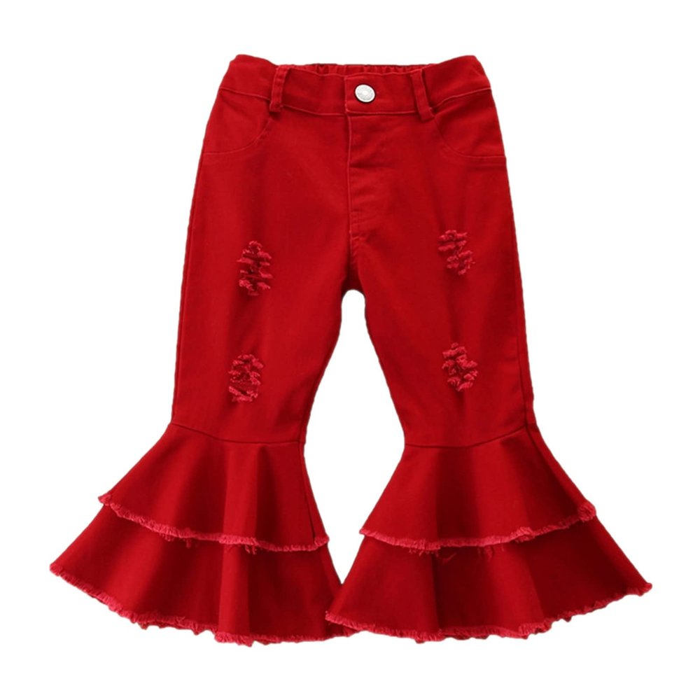 Toddler Baby Girl Flared Denim Pants Ruffled Wide Legs Ripped Jeans Kids High Waist Bell Bottom Pants (Red, 5-6 Years)