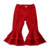 Toddler Baby Girl Flared Denim Pants Ruffled Wide Legs Ripped Jeans Kids High Waist Bell Bottom Pants (Red, 5-6 Years) view 1