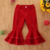 Toddler Baby Girl Flared Denim Pants Ruffled Wide Legs Ripped Jeans Kids High Waist Bell Bottom Pants (Red, 5-6 Years) view 2