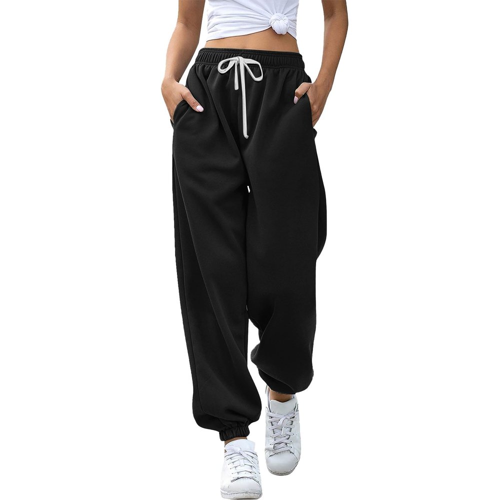 JOFOW Women's Health Sports Pants Baggy Wide Fleece Lined Leg Pants Cute Sweatpants Joggers for Women 2024 (E-Black,Small)