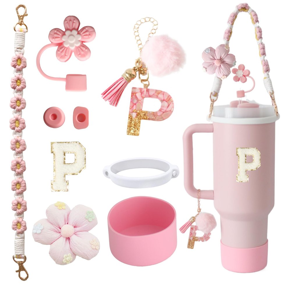 1ze1ziyo 9PCS Cup Accessories Set for Stanley Cup 30oz 40oz Tumbler - Including Water Bottle Handle Strap,Straw Cover Cap,Spill Proof Stoppers,Boot,Initials Letter Charm,Sticker,Flower,Letter P,Pink
