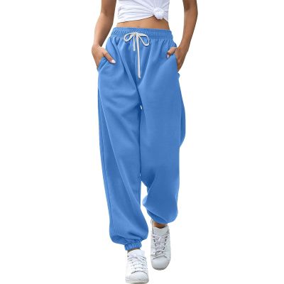 JOFOW Women's Health Sports Pants Baggy Wide Fleece Lined Leg Pants Cute Sweatpants Joggers for Women 2024 (D-Blue,XX-Large)