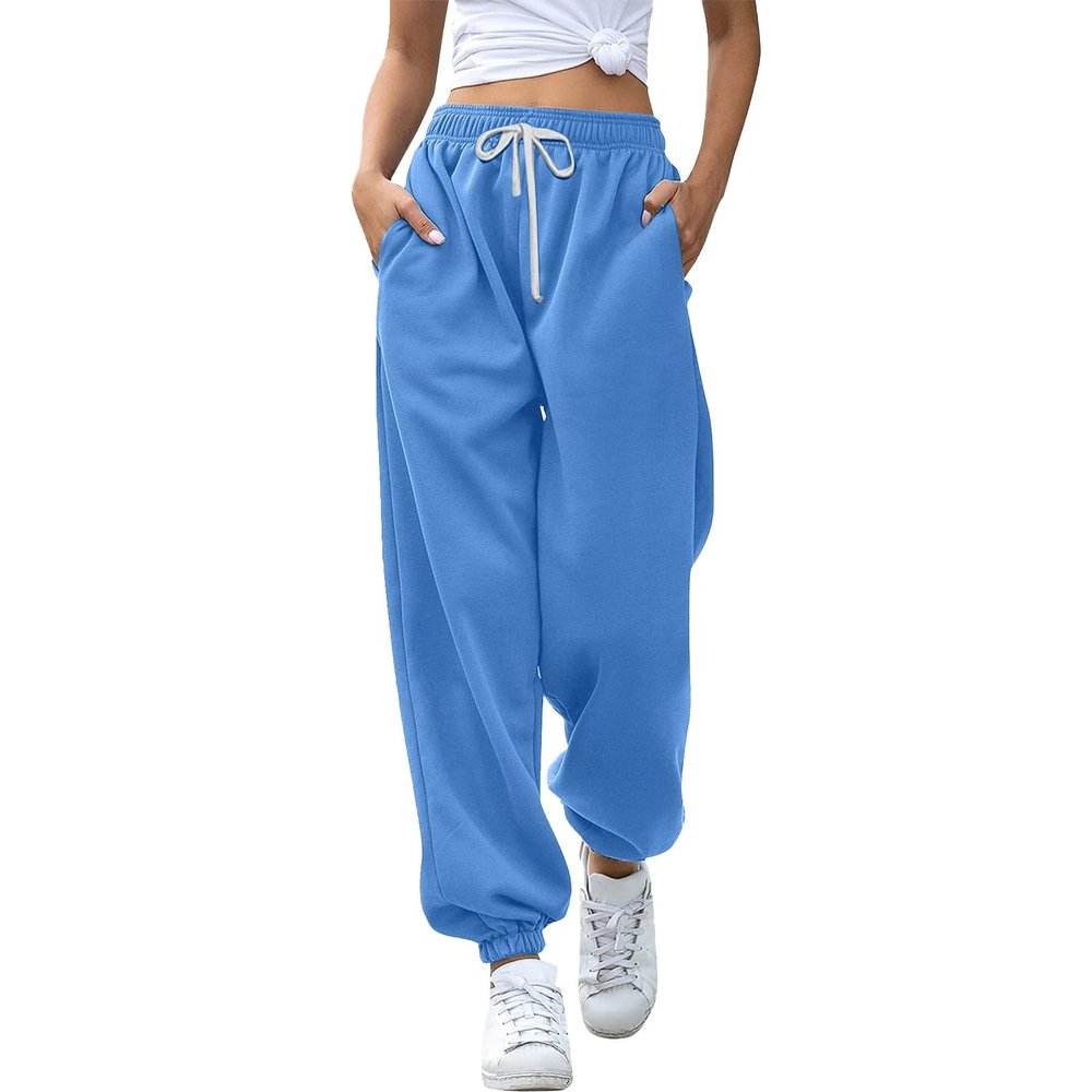 JOFOW Women's Health Sports Pants Baggy Wide Fleece Lined Leg Pants Cute Sweatpants Joggers for Women 2024 (D-Blue,XX-Large)