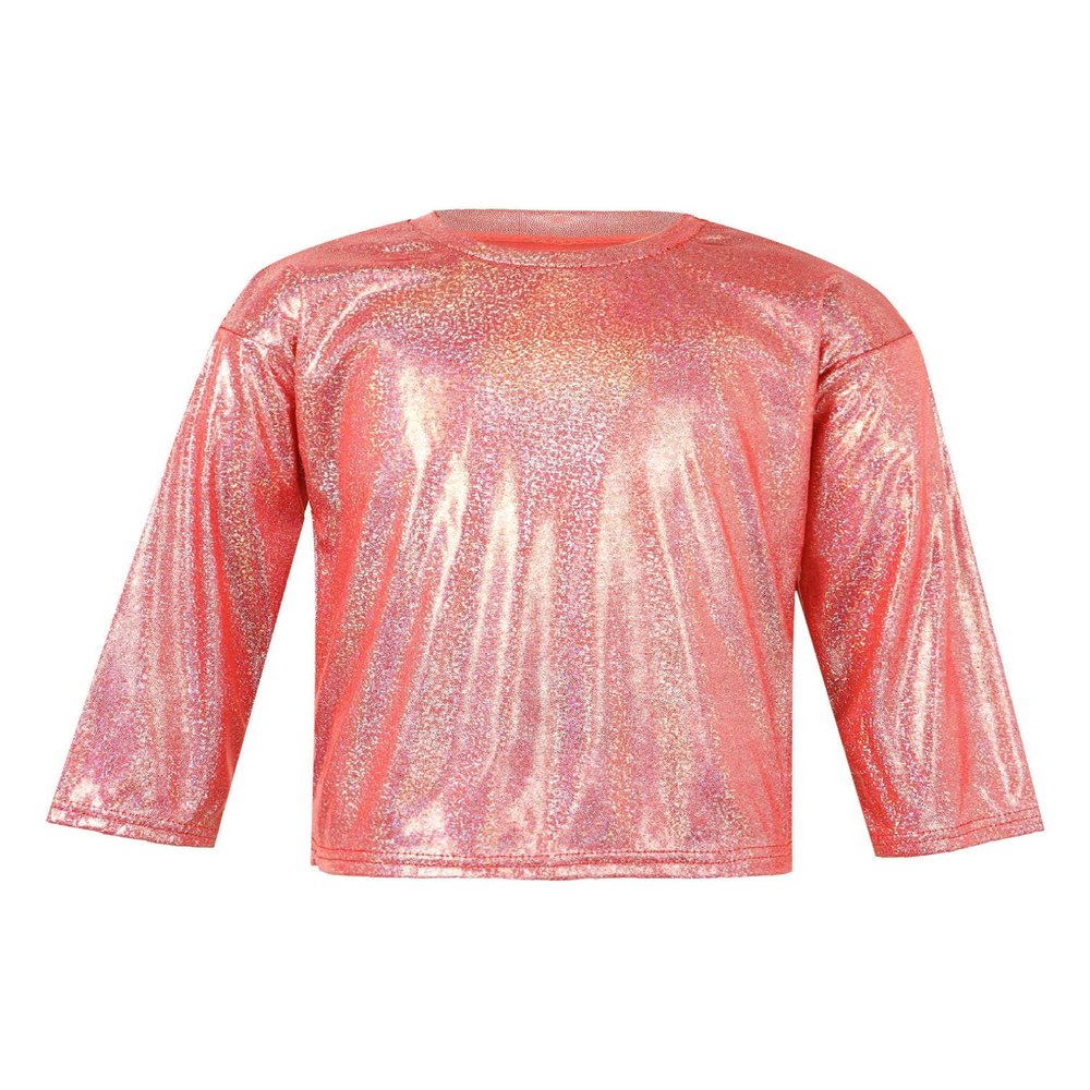 Hularka Kids Girls Boys Shiny Metallic Long Sleeve Jazz Hip Hop Dance Crop Top Gymnastic Sports Shirt for Performance Party Red 17-18 Years