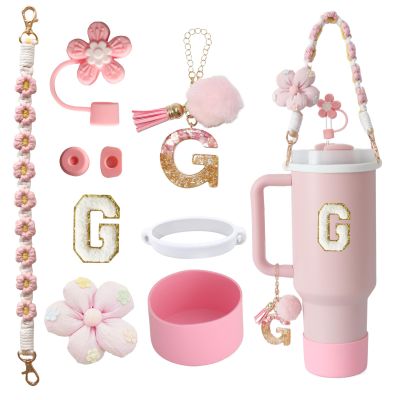1ze1ziyo 9PCS Cup Accessories Set for Stanley Cup 30oz 40oz Tumbler - Including Water Bottle Handle Strap,Straw Cover Cap,Spill Proof Stoppers,Boot,Initials Letter Charm,Sticker,Flower,Letter G,Pink