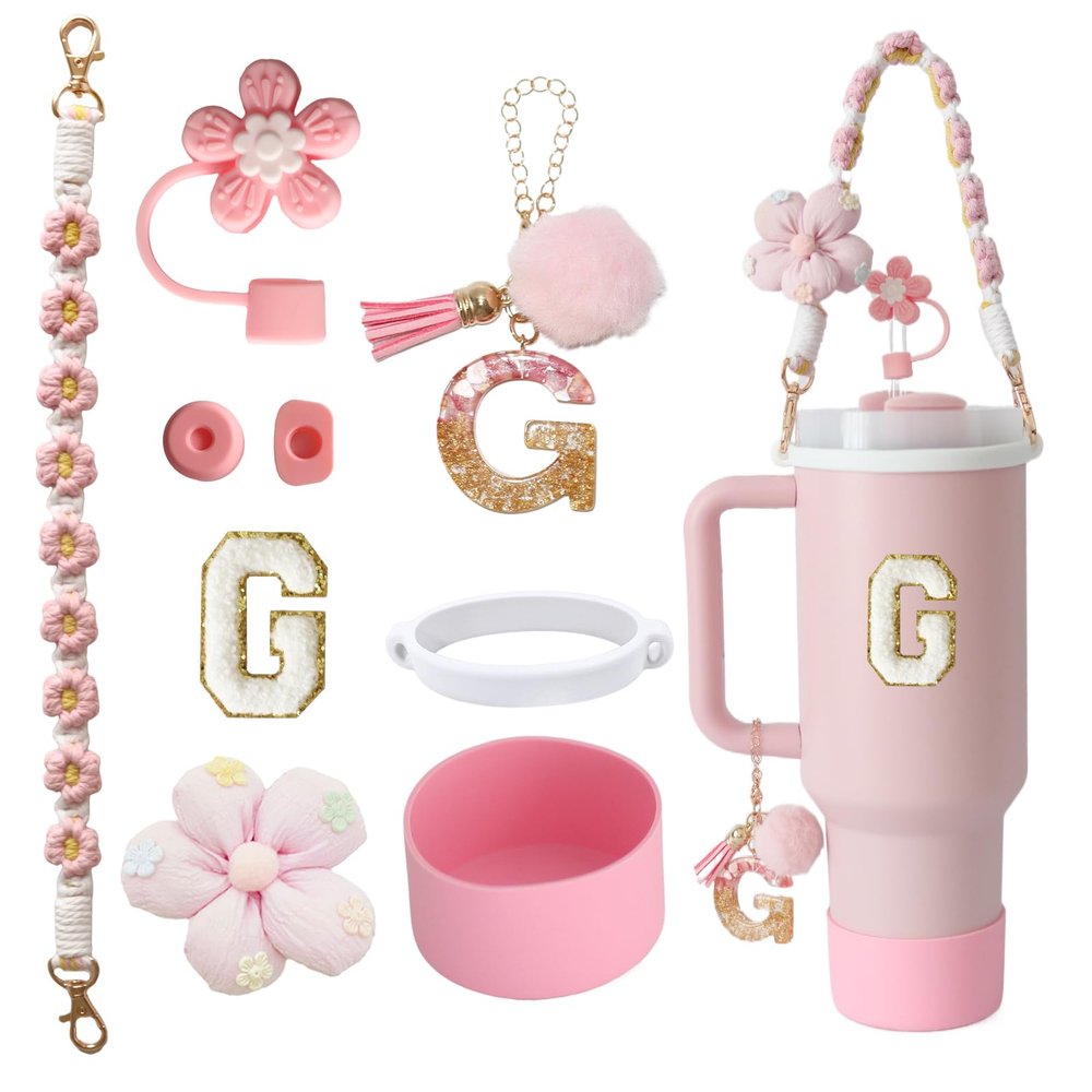 1ze1ziyo 9PCS Cup Accessories Set for Stanley Cup 30oz 40oz Tumbler - Including Water Bottle Handle Strap,Straw Cover Cap,Spill Proof Stoppers,Boot,Initials Letter Charm,Sticker,Flower,Letter G,Pink