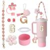 1ze1ziyo 9PCS Cup Accessories Set for Stanley Cup 30oz 40oz Tumbler - Including Water Bottle Handle Strap,Straw Cover Cap,Spill Proof Stoppers,Boot,Initials Letter Charm,Sticker,Flower,Letter G,Pink view 1