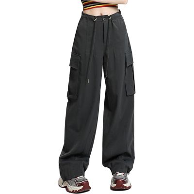 2024 Womens Cargo Pants Lightweight Baggy High Waisted Wide Leg Pants Casual Drawstring Trendy Y2k Parachute Pants Gray