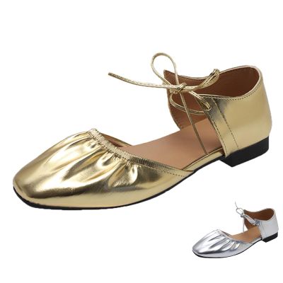 SACFOF Women's Wrinkled Leather Lace Up Flat Mules Fashion Closed Square Toe Slip-On Slingback Ballet Flats Casual Dressy Office Flat Mules