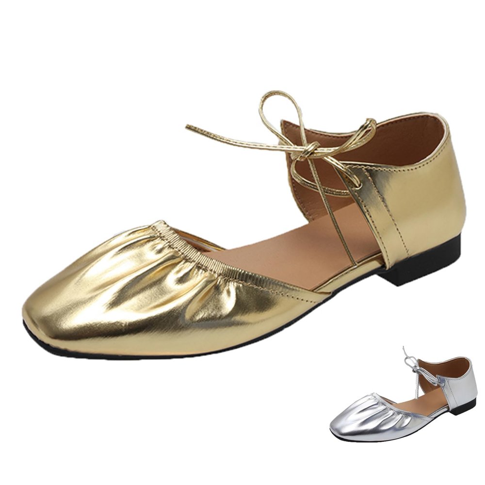 SACFOF Women's Wrinkled Leather Lace Up Flat Mules Fashion Closed Square Toe Slip-On Slingback Ballet Flats Casual Dressy Office Flat Mules