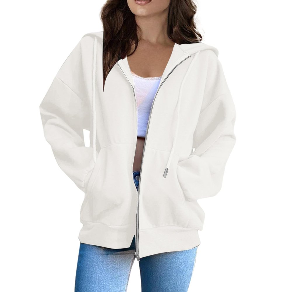 ODEUIAOD Womens Sweatshirts Zip Up Hoodie Women 2025 Long Sleeve Oversized Sweatshirts for Women Y2K Jacket with Pockets Fall Fashion Clothes White XX-Large