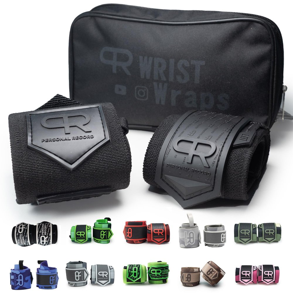 PR Personal Record Heavy Duty Premium Wrist Wraps, More Elasticity, Reinforced Stitching, Extra Wide Strap, Strong Thumb Loop, Larry Wheels Weightlifting Wraps, Lifting Wrist Wraps - All Black