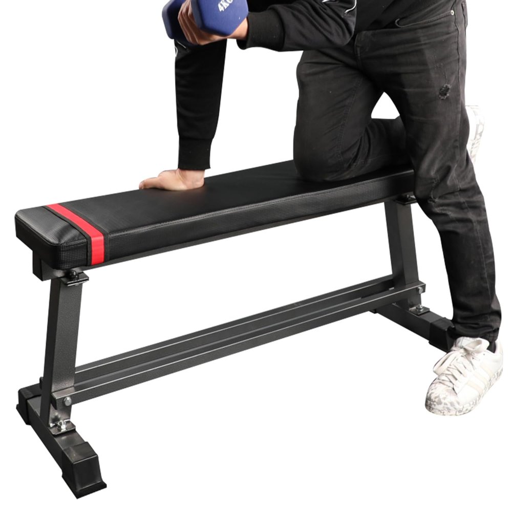 Fitness Maniac Flat Weight Bench with Built-in Dumbbell Rack Workout Bench Strength Training Bench Press for Home Gym Black Color Series (Black)