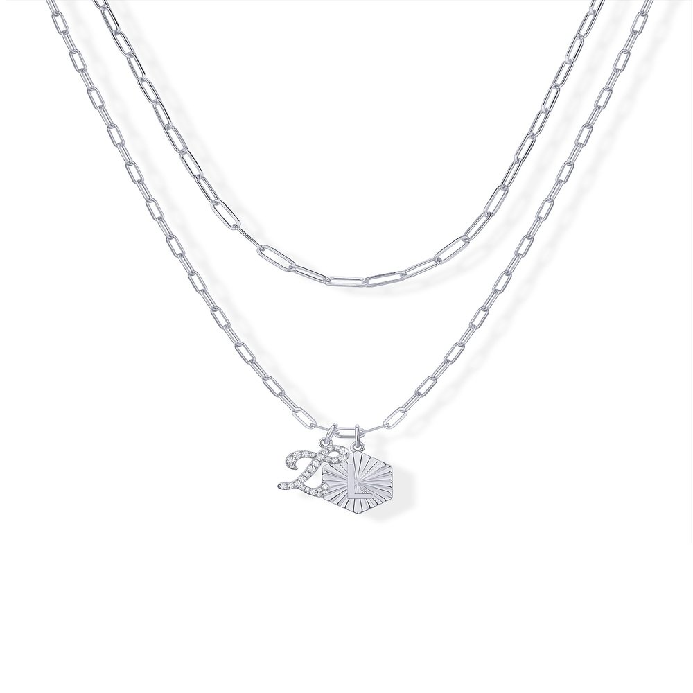 PAVOI Rhodium Plated Dainty Hexagon Initial Letter Pendant Layered Necklace Jewelry Gift for Women | Paperclip Layering Chain Necklace | Letter L