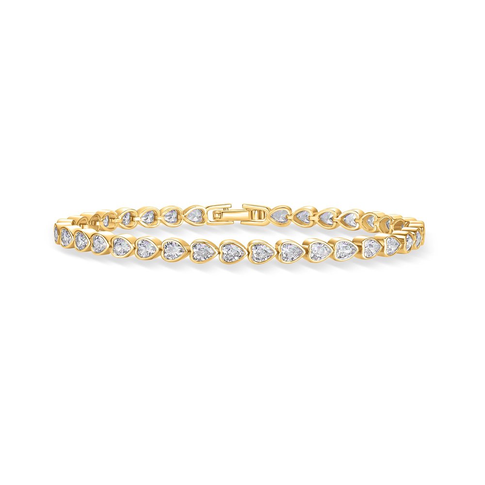 PAVOI 14K Yellow Gold Plated Simulated Diamonds Bezel Set Tennis Bracelets for Women - Cubic Zirconia Stones Valentines Day Love Heart Statement Bride Gold Bracelet Stack - Size 7"