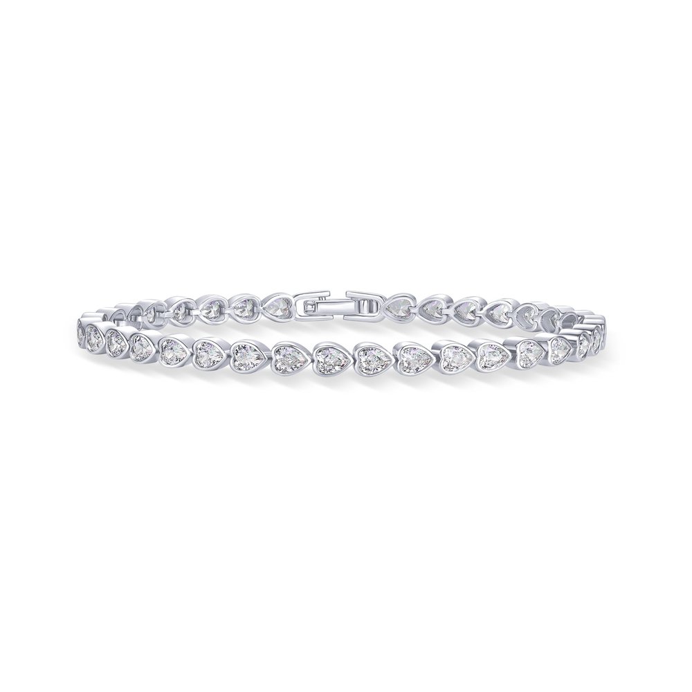 PAVOI Rhodium Plated Simulated Diamonds Bezel Set Tennis Bracelets for Women - Cubic Zirconia Stones Valentines Day Love Heart Statement Bride Gold Bracelet Stack - Size 7.5"