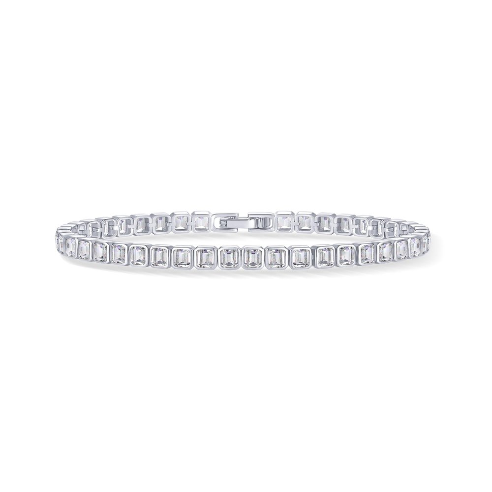 PAVOI Rhodium Plated Simulated Diamonds Bezel Set Tennis Bracelets for Women - Cubic Zirconia Stones Radiant Cut Statement Bride Gold Bracelet Stack - Size 7.5"