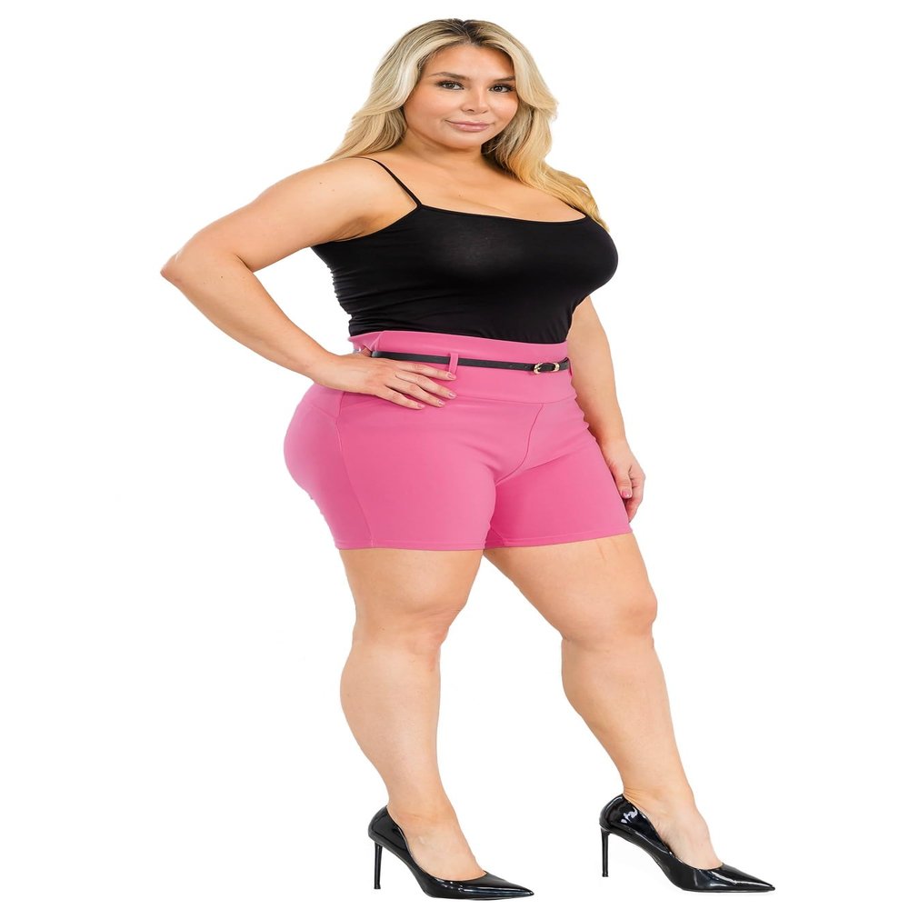 ShoSho Womens Plus Size High Waist Tummy Control Butt Sculpting Office Shorts With Faux Leather Belt Sangria Sunset 1X