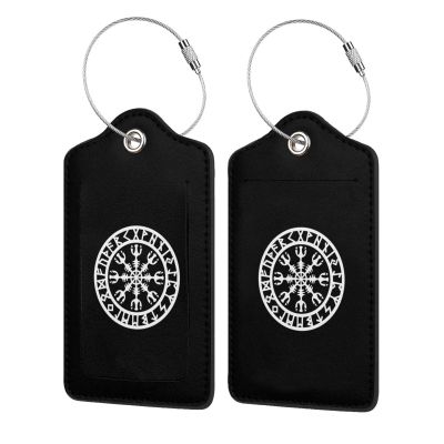 Vikings Helm of Awe Rune Leather Luggage Tag Luggage Card with Privacy Cover and Stainless Steel Ring