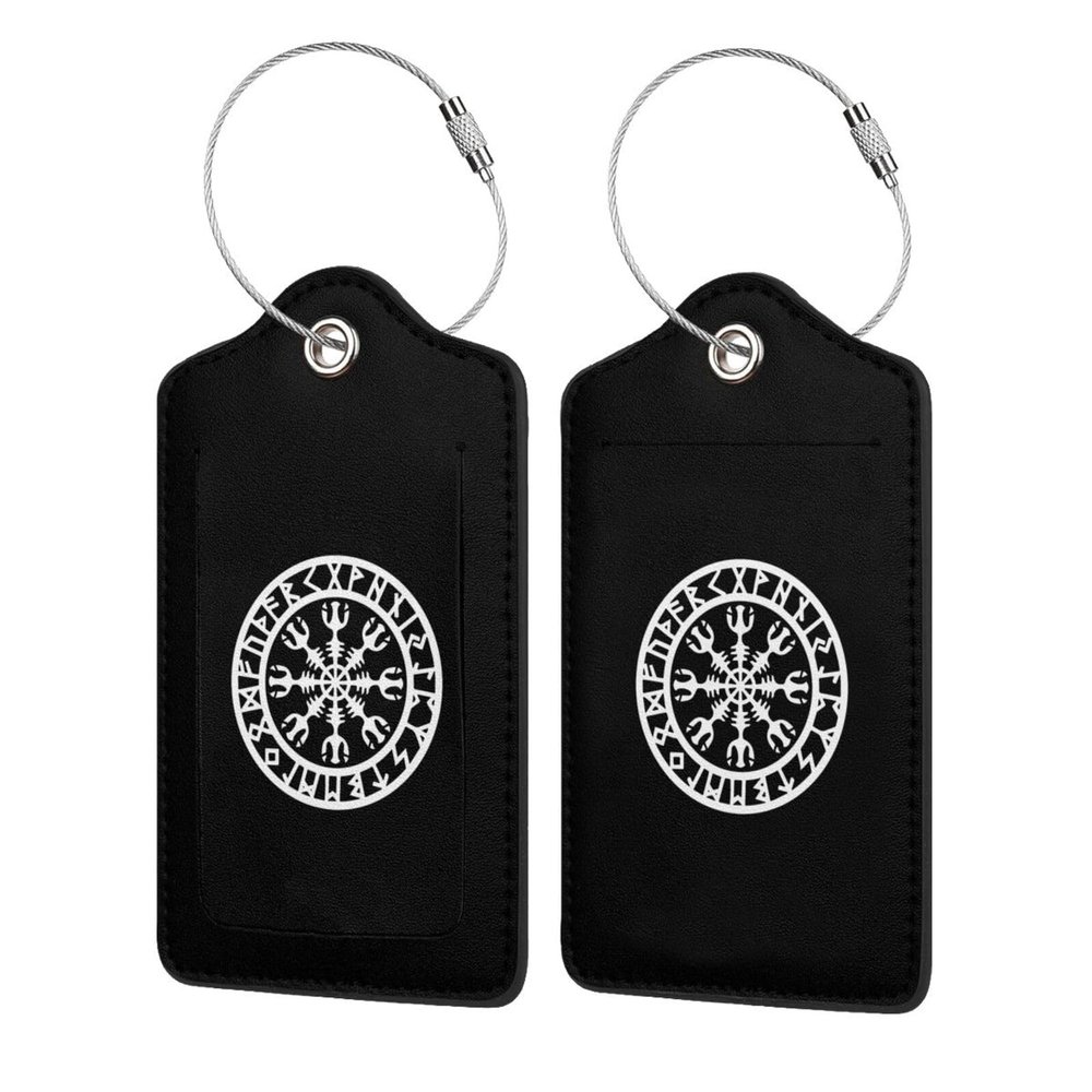 Vikings Helm of Awe Rune Leather Luggage Tag Luggage Card with Privacy Cover and Stainless Steel Ring