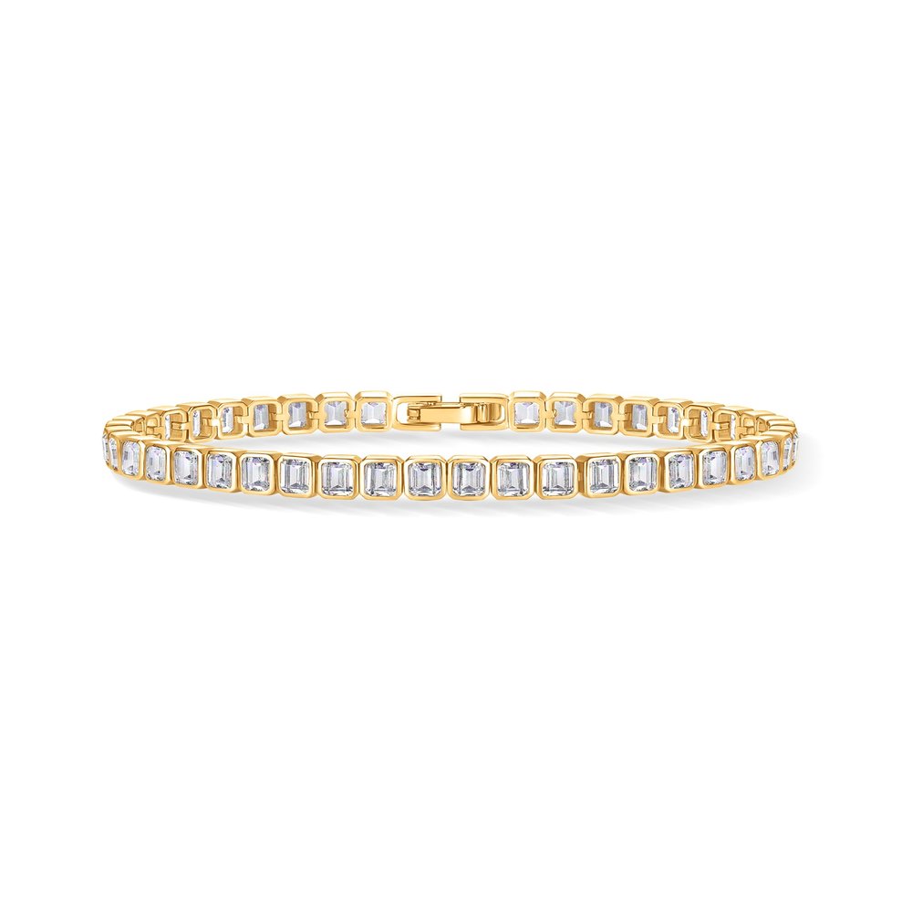 PAVOI 14K Yellow Gold Plated Simulated Diamonds Bezel Set Tennis Bracelets for Women - Cubic Zirconia Stones Radiant Cut Statement Bride Gold Bracelet Stack - Size 7"