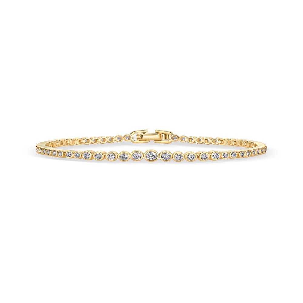 PAVOI 14K Yellow Gold Plated Graduated Simulated Diamonds Bezel Set Tennis Bracelets for Women - Cubic Zirconia Stones Round Statement Bride Gold Bracelet Stack - Size 7.5"