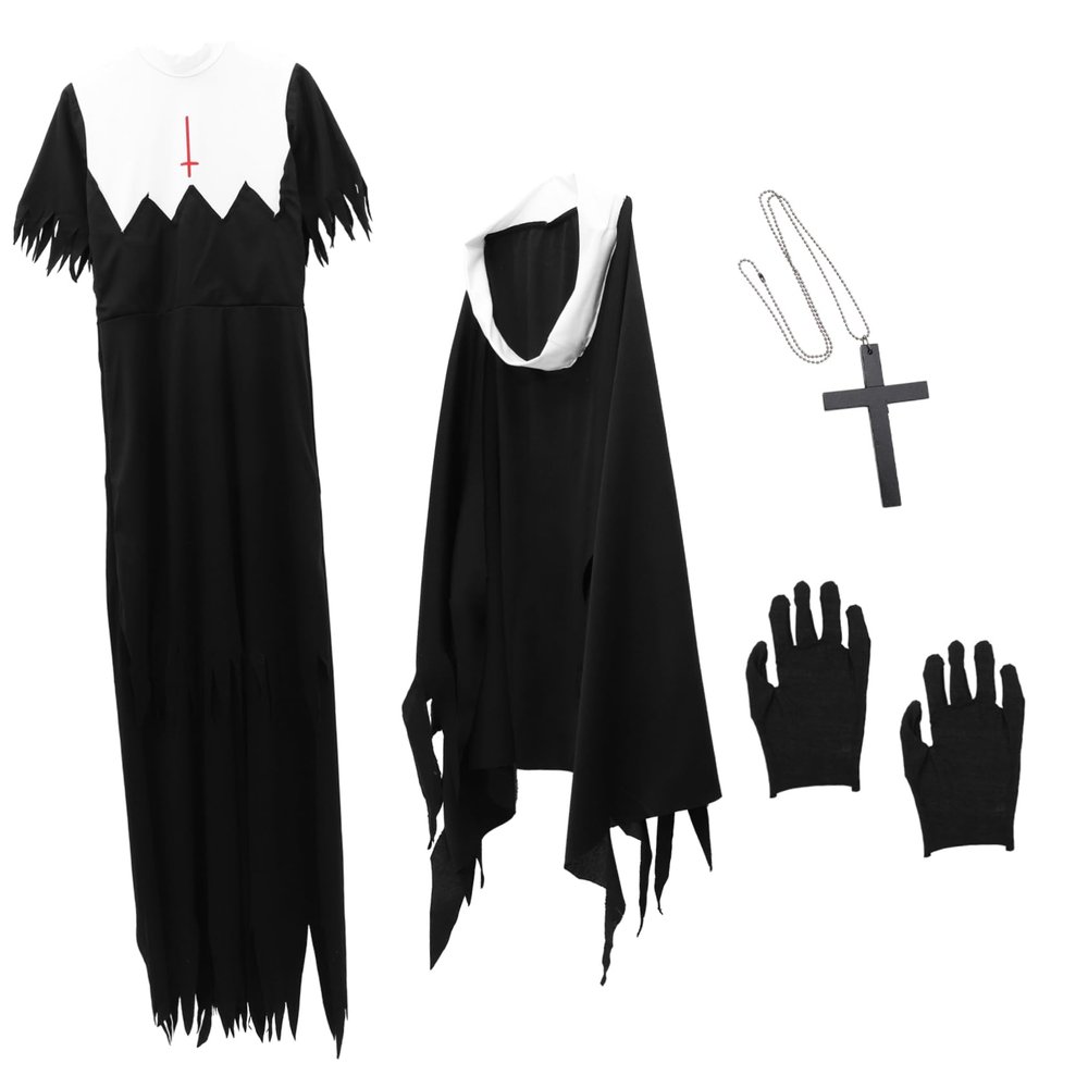 COLLBATH 1pc Scary Nun Costume for Halloween Adult Party Uniform Creepy Zombie Nun Outfit for Women for Costume Parties and Photo Shoots Unique Halloween Decoration