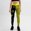 Tummy Control Scary Ghost Face Pattern Halloween Leggings High Waist Soft Stripe Pumpkin Print Elastic Tights Pants Trendy Skinny Leggings for Women Halloween Party S Yellow view 3